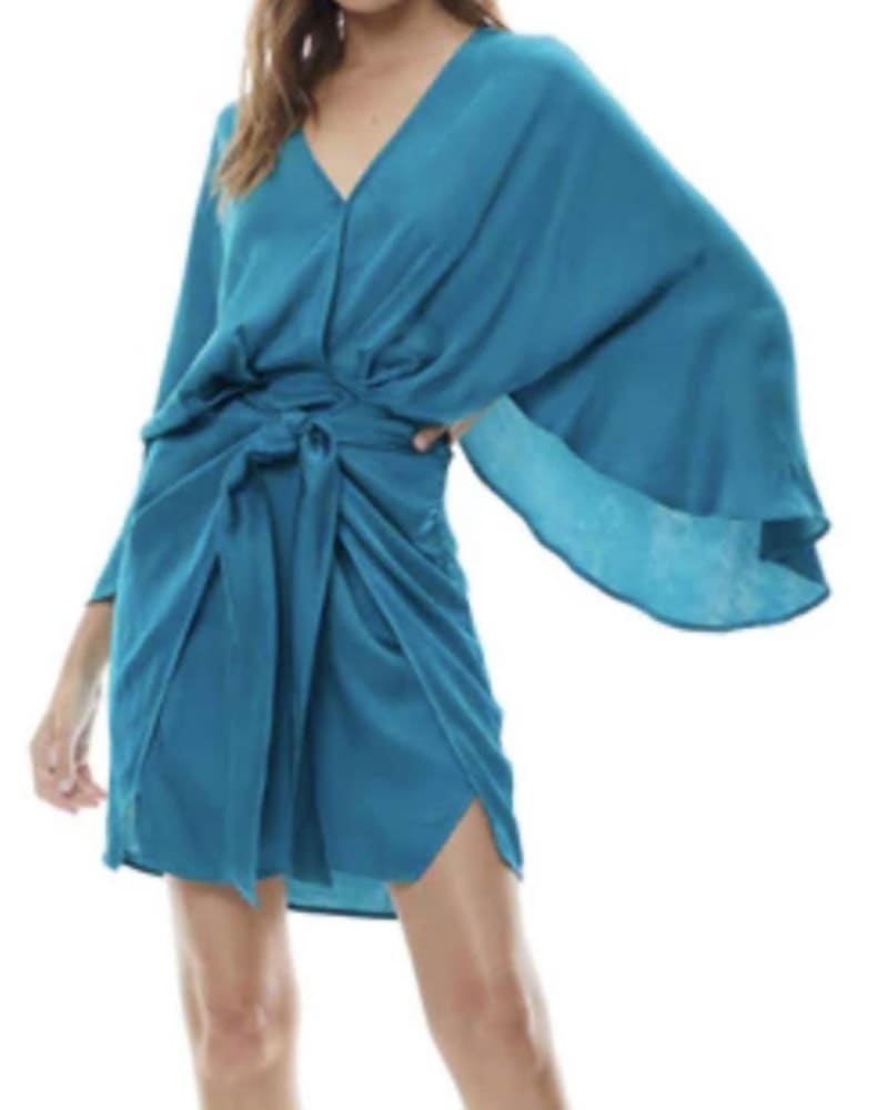 Front of a model wearing a size L Addy Dress In Verdigris in Verdigris by young fabulous & broke. | dia_product_style_image_id:344811